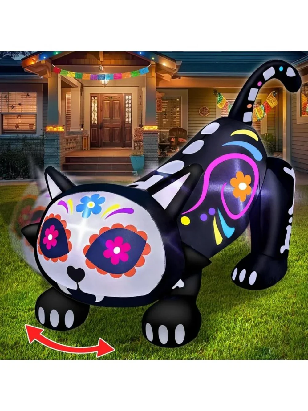 5 Ft Day of the Dead Inflatable Sugar Skull & Black Cat - Rotating Head Decor